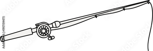 Simple line art of a fishing rod and reel, angled upwards