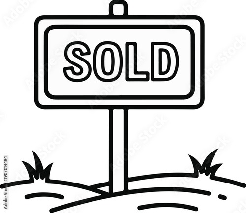 Simple line drawing of a sold sign on a pole in the grass