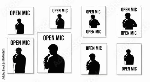 Silhouette posters advertising an open mic night, featuring a person holding a microphone