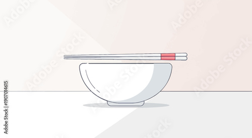 Simple illustration of white bowl and chopsticks with red accents
