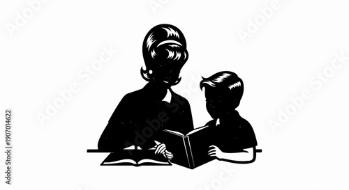 Silhouette of woman and child reading books together