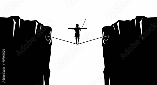 Silhouette person balances on tightrope between rocky cliffs