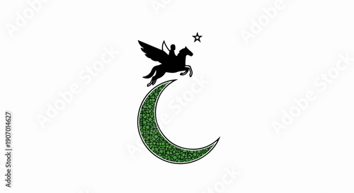 Silhouette of winged horse and rider leaping over a green crescent moon