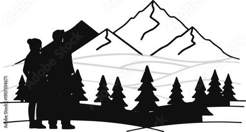 Silhouette of a couple standing before mountains and pine trees