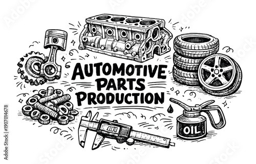 Automotive parts illustration: engine, pistons, tires, and tools on dark background