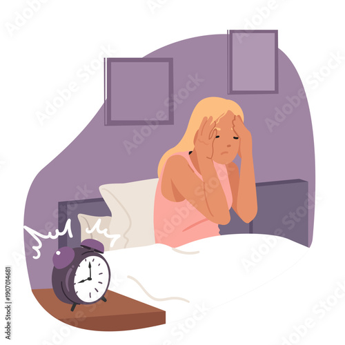 Sleepy cartoon woman waking up to loud ringing alarm clock holding her head in morning bedroom scene