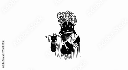Silhouette of a deity playing a flute with a peacock feather