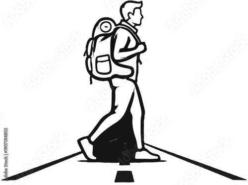 Silhouette of person with backpack crossing street with lines