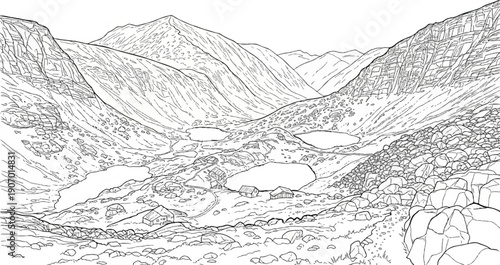 Sketch of a rugged mountain valley with lakes and cabins
