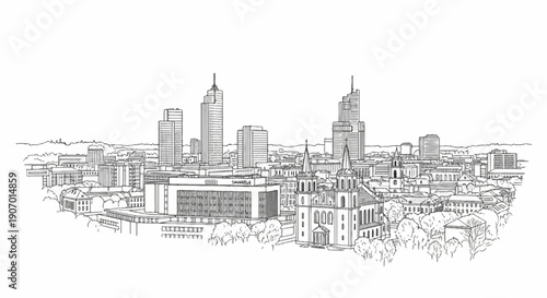 Sketch of a sprawling city skyline with modern skyscrapers and historic churches