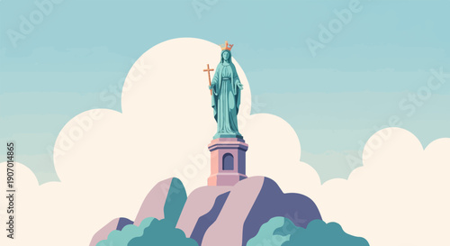 Serene statue of woman with crown and cross atop a rocky hill