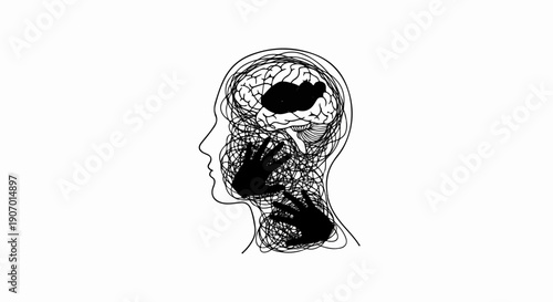Silhouette of a head with tangled lines and hands covering brain