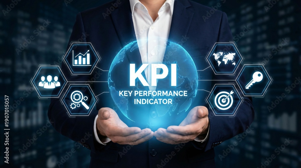 Fototapeta premium Businessman holding KPI Key Performance Indicator in futuristic blue glowing interface with business icons in modern corporate background for business analytics