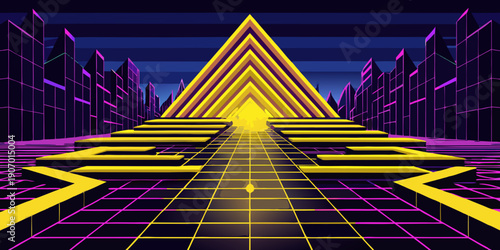 3d render. Abstract background of yellow neon lines ascending. Modern digital wallpaper. Streaming power
