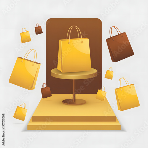Yellow shopping bags floating around a display table  retail and consumerism concept transparent background