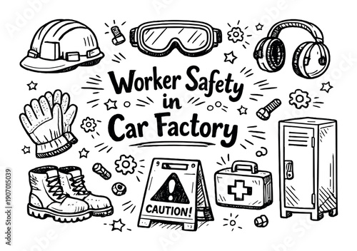 Safety equipment: hard hat, goggles, headphones, gloves, boots, first aid, locker