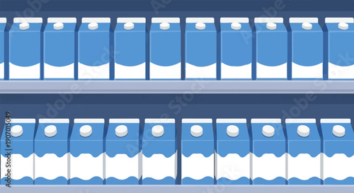 Rows of blue and white cartons of milk or juice are neatly stacked on shelves