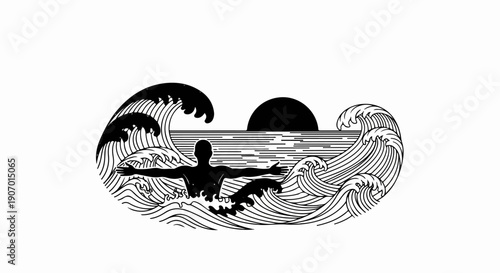 Silhouette of person swimming in ocean waves at sunset