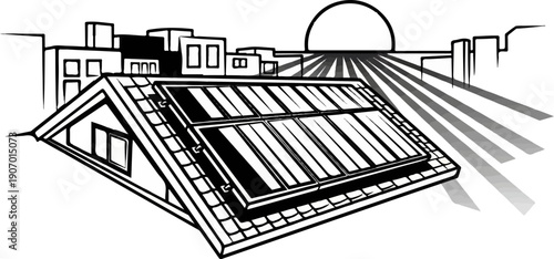 Rooftop solar panels on a house with city buildings and sun