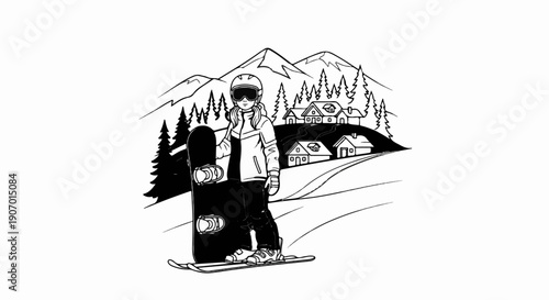Snowboarder poses in a snowy village with mountains and trees
