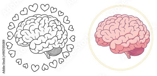 Emotional Design Small Heart Orbiting Around Brain, creative illustration symbolizing empathy, emotional intelligence, human connection, thoughtful design, mental awareness, compassion