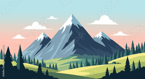 Snow-capped mountains rise above a serene, green valley with pine trees