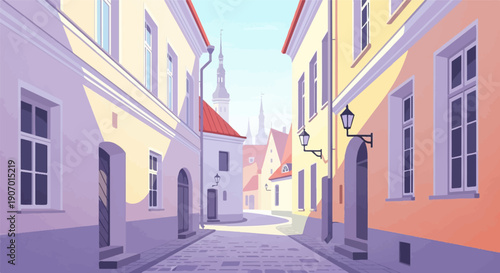 Pixel art of a cobblestone street in an old town with pastel colored buildings