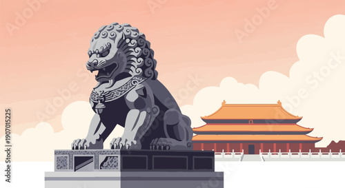 Pixel art of a stone guardian lion statue before an oriental palace