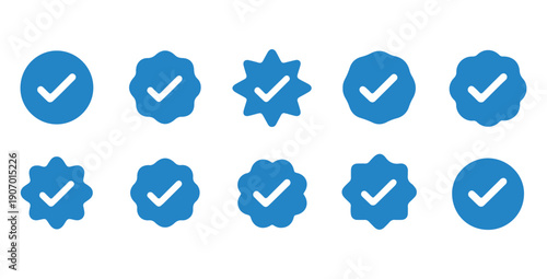 Blue verified check mark icons collection with various shapes for social media and online platform verification