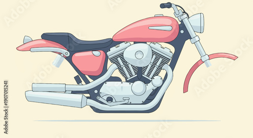 Pixel art of a vintage motorcycle in pink and gray on a light yellow background