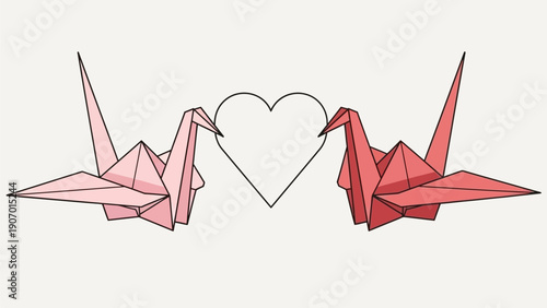 Two origami cranes facing each other with a heart outline in the center, symbolizing love and companionship