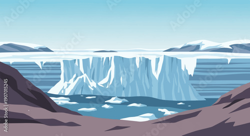 Pixel art of a vast glacial landscape with icebergs floating in water