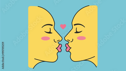Two yellow cartoon faces with closed eyes and puckered lips lean in for a kiss, with a small pink heart above them