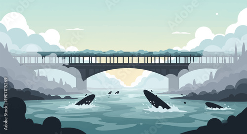 Pixel art scene of whales breaching near a bridge under clouds