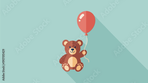Charming flat design illustration of a teddy bear holding a red balloon, perfect for celebrating childhood, gifts, and playful moments