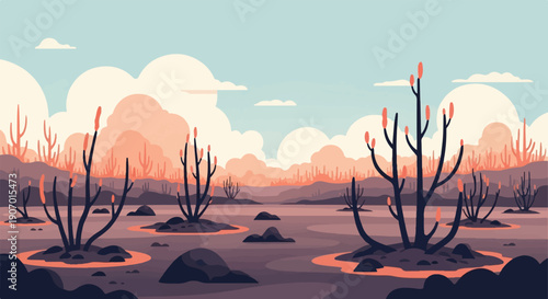 Pixelated desert landscape with sparse, stylized flora under a hazy sky