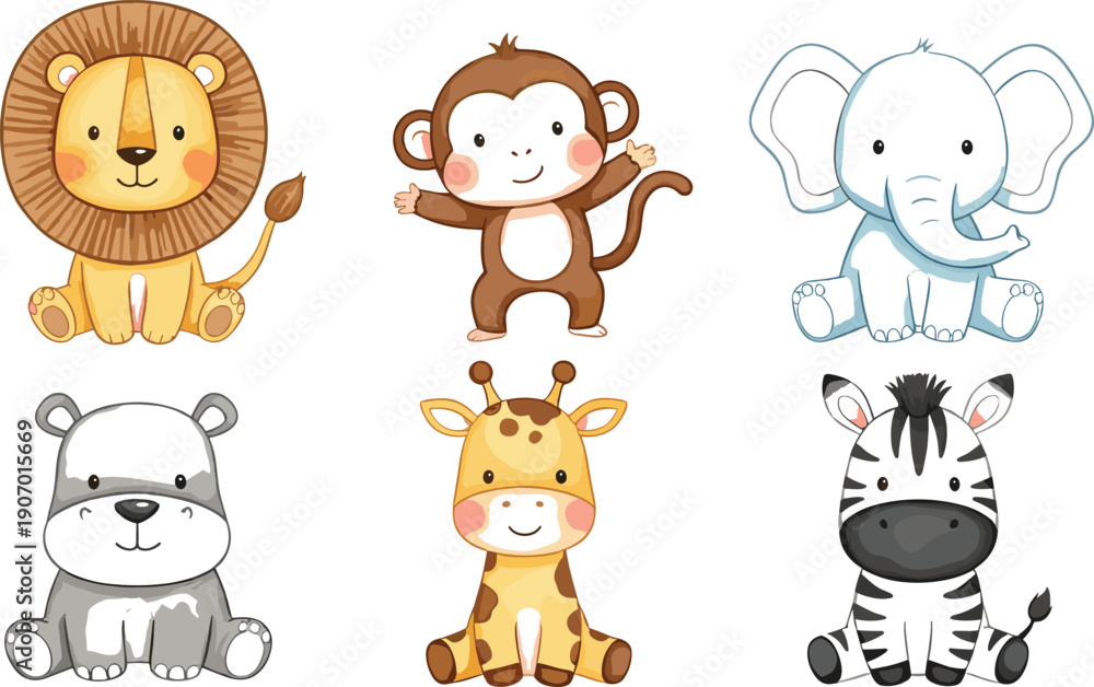Obraz premium Cute Baby Safari Animals Vector Set with Lion, Monkey, Elephant, Zebra, Giraffe and Bear Cartoon Characters