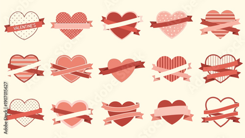 A charming collection of decorative heart vector icons, adorned with ribbons and intricate patterns, perfect for expressing love and romantic sentiments on special occasions and celebrations