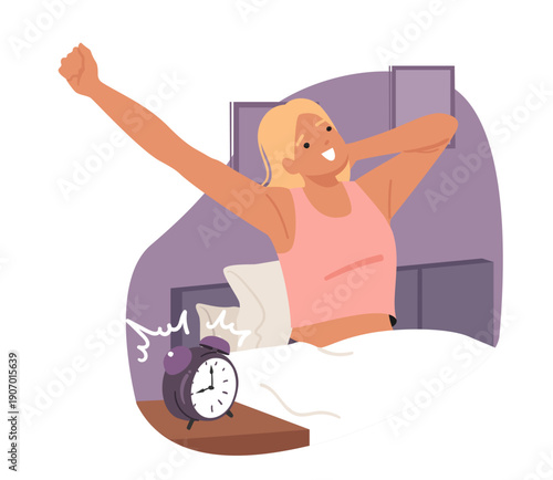 Happy woman cartoon character waking up in bed in morning feeling good and stretching cheerfully