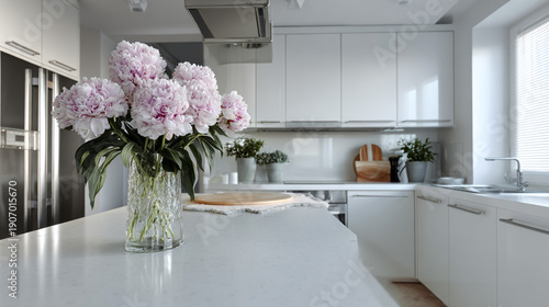 An open plan kitchen with new appliances with bouquet.