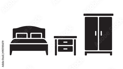 Bedroom Furniture Set in Modern Minimalist Style with Dark Silhouette on White Background for Home Decor Catalog