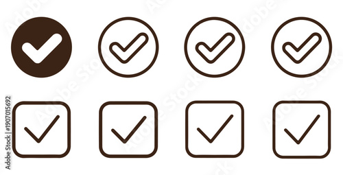 Dark brown and outline check mark icons in circle and square shapes for approval and completion tasks