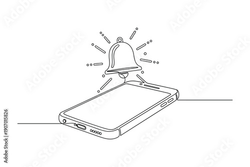Continuous line drawing of smartphone with ringing bell, notification and alert vector