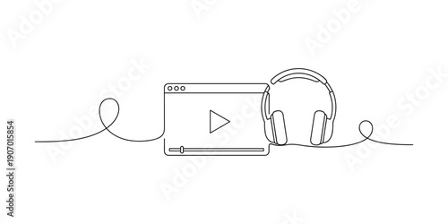 Continuous line drawing of media player and headphones, entertainment and audio vector