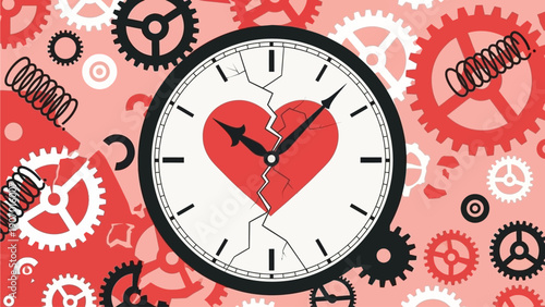Mechanical clock with a broken heart, surrounded by gears and springs, symbolizing emotional breakdown, lost time, and the complex mechanics of deep sorrow