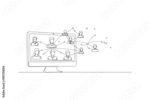 Online networking vector illustration: global connections and remote collaboration on a monitor screen