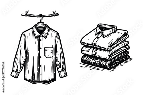 Classic long sleeve shirt vector art, folded and hanging, vintage apparel illustration