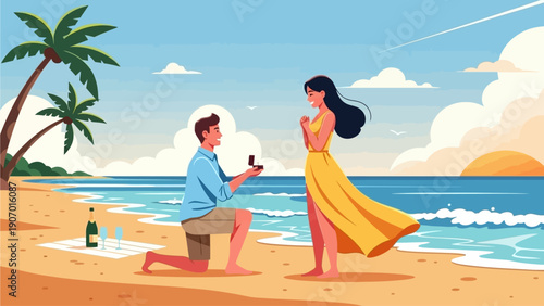 Romantic beach proposal Man kneels with engagement ring as woman reacts with joy on sandy shore during sunset, palm trees and ocean backdrop