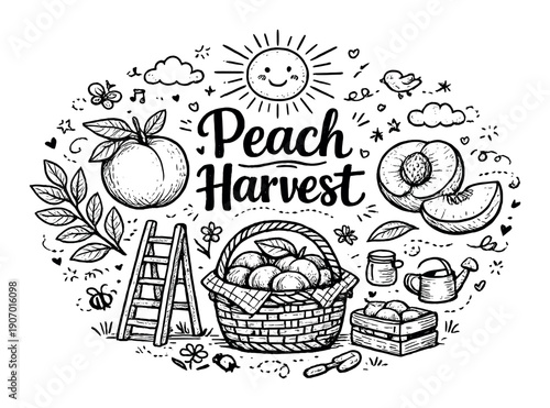 Whimsical doodle of harvesting peaches with smiling sun