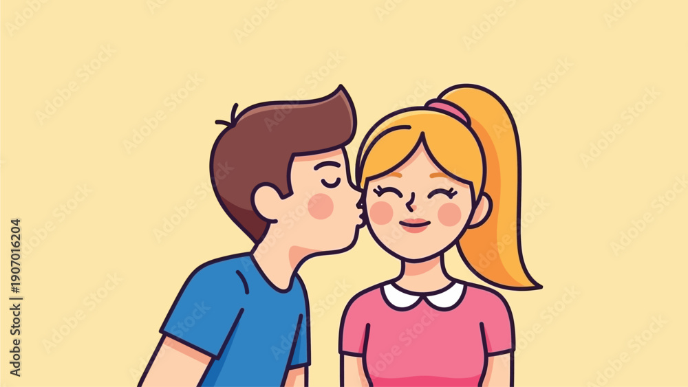 Fototapeta premium Couple sharing a sweet kiss, celebrating love and affection with a charming illustration of a boyfriend kissing his girlfriend on the cheek